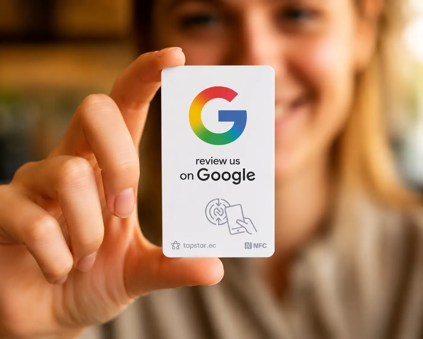 Tarjeta Tapstar Google Reviews en la mano