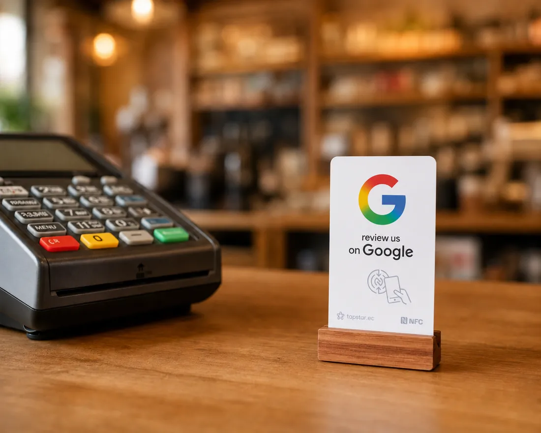Tarjeta Tapstar Google Reviews en un soporte de madera junto a la caja